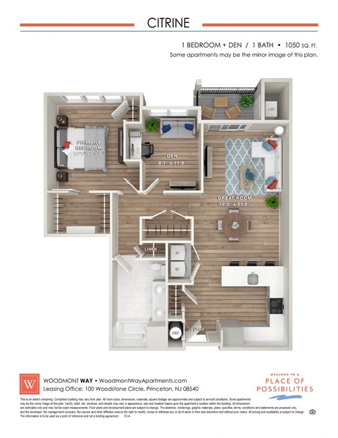 Floor plan for 1 bed, 1 bath, 1050 sqft